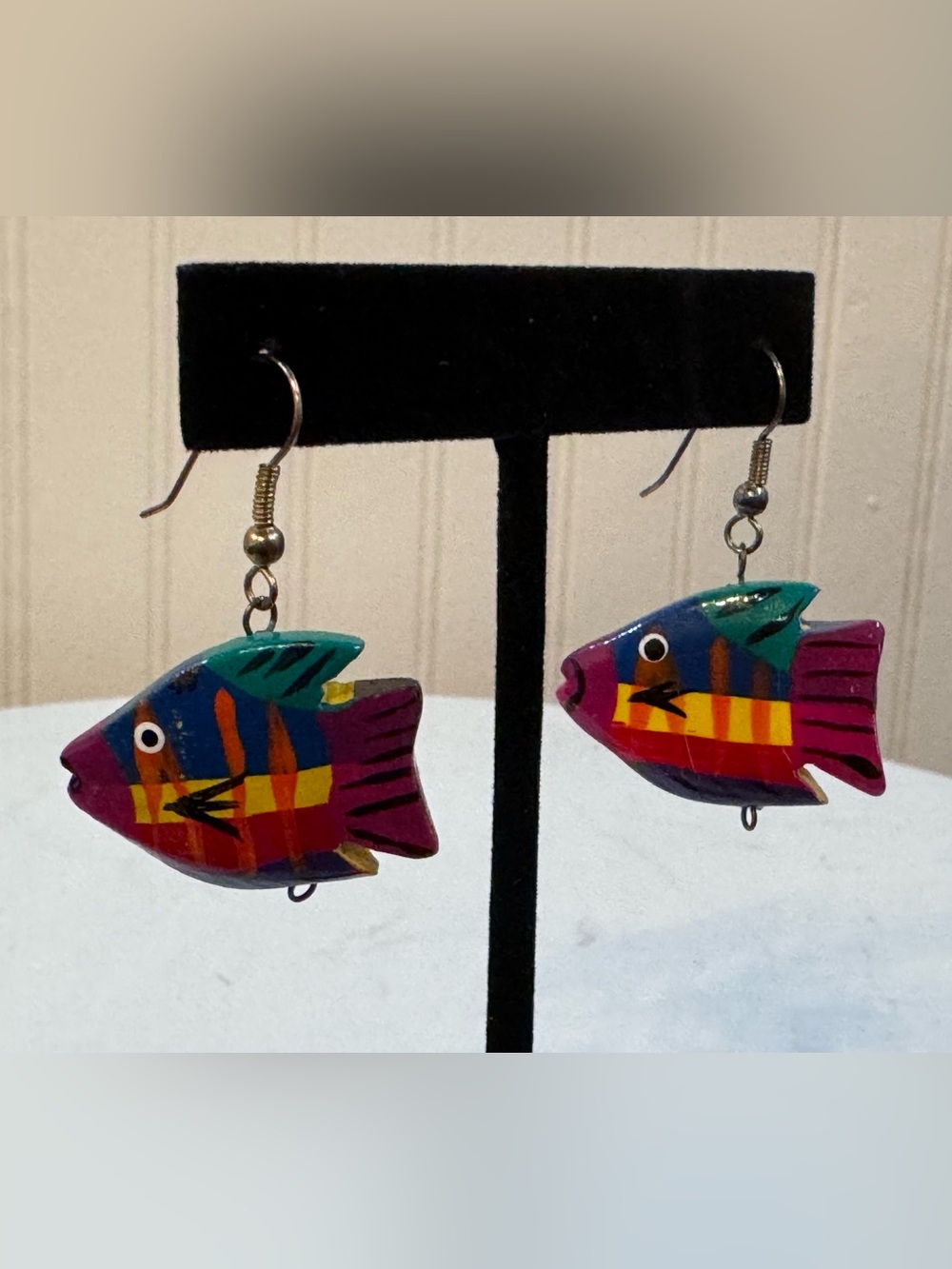 VTG 90's Hand Painted Wooden Tropical Fish Dangle Earrings Summer Beach